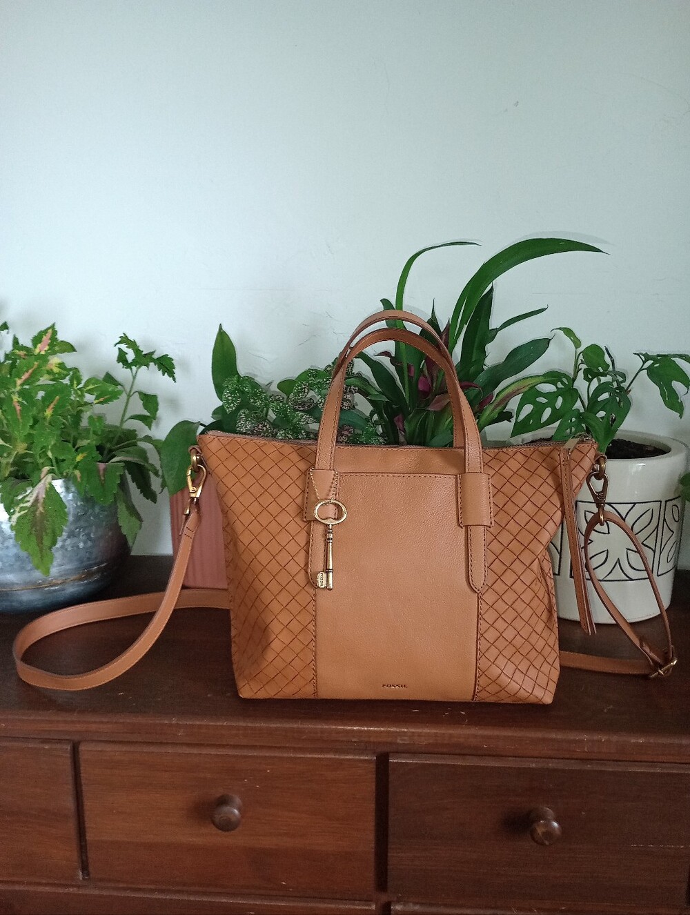 Fossil Skylar Satchel Woven Leather Camel Color